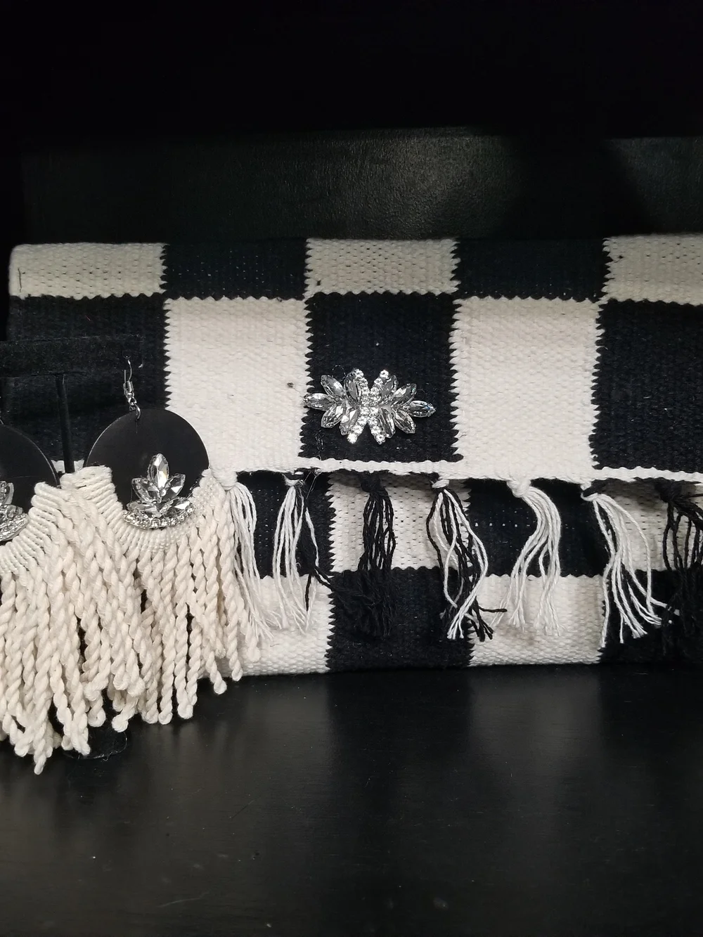 Custom Clutch  Black & White Checkered Fringe Clutch w/ Crystal Accent &Earrings